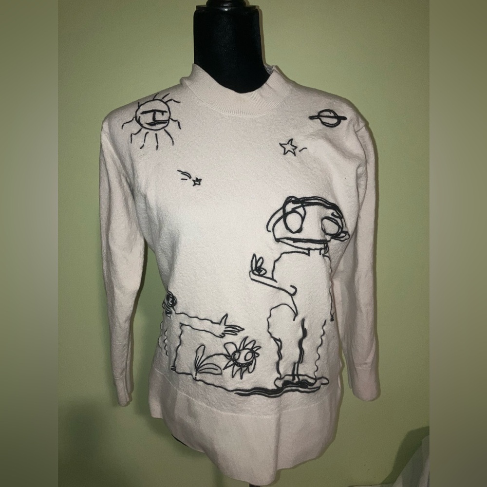JNBY rare embroidered wool blend sweater graffiti figure pullover sz M unisex